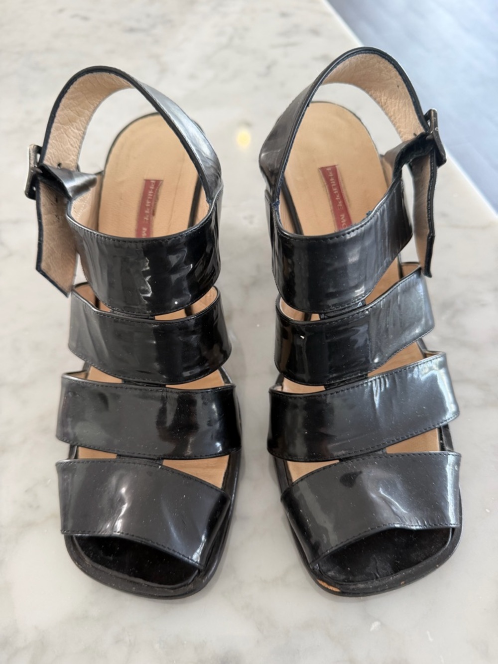 Patent Black Multi-Strap Heeled Sandals - Women